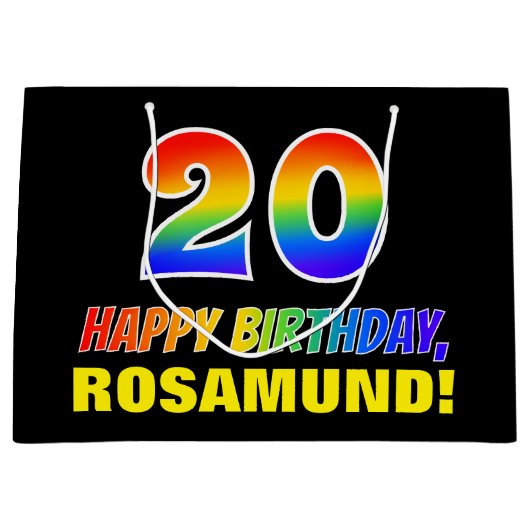 20誕生日:はっきりした,おもしろい,シンプル虹, 20 ラージペーパーバッグ (正面)