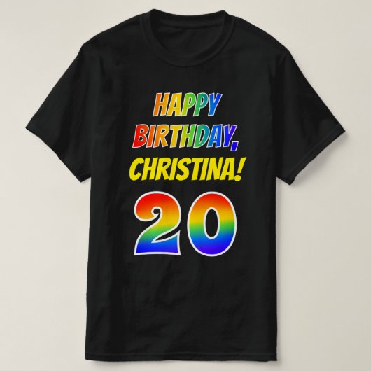 20誕生日:はっきりした、おもしろい、レインボー20、名前をカスタムする Tシャツ (デザイン正面)