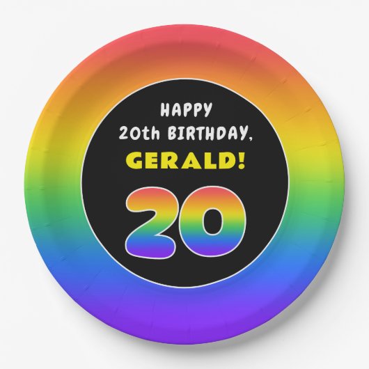 20誕生日:カラフルレインボー# 20、名前をカスタムする ペーパープレート (正面)