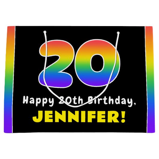 20誕生日:カラフルレインボー# 20、名前をカスタムする ラージペーパーバッグ (正面)