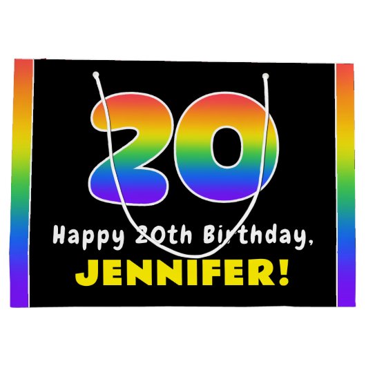 20誕生日:カラフルレインボー# 20、名前をカスタムする ラージペーパーバッグ (裏面)