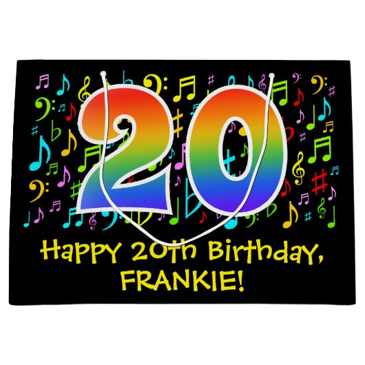 20誕生日-カラフル音楽シンボル， Rainbow 20 ラージペーパーバッグ (正面)