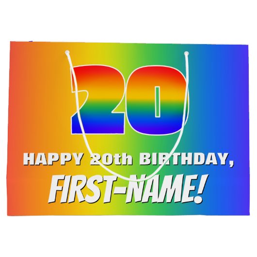 20誕生日: カラフル、おもしろいレインボーパターン# 20 ラージペーパーバッグ (裏面)