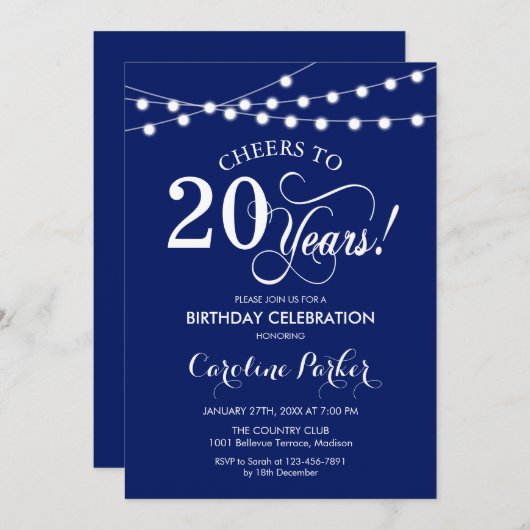 20誕生日 – ネイビーブルーホワイト 招待状 (正面/裏面)