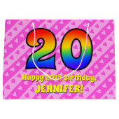 20誕生日:ピンクストライプのハート、レインボー# 20 ラージペーパーバッグ (正面)