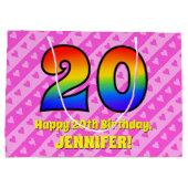 20誕生日:ピンクストライプのハート、レインボー# 20 ラージペーパーバッグ (裏面)