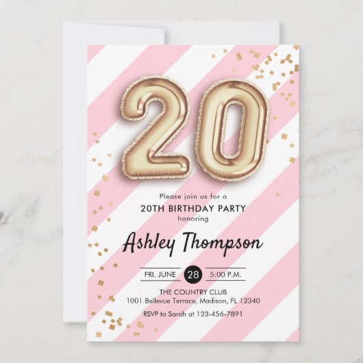 20誕生日 – ピンク色のストライプ金ゴールドバルーン 招待状 (正面)