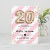 20誕生日 – ピンク色のストライプ金ゴールドバルーン 招待状 (スタンド正面)