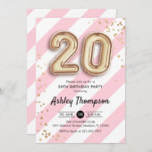 20誕生日 – ピンク色のストライプ金ゴールドバルーン 招待状 (正面/裏面)