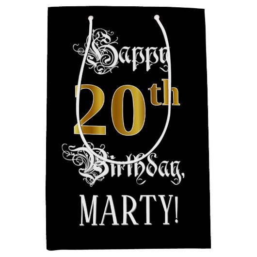 20誕生日~ファンシースクリプト;フェイク金ゴールド検索;名前 ミディアムペーパーバッグ (正面)