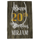 20誕生日:フェイク金ゴールドルック&ウッドフェイクパターン ミディアムペーパーバッグ (正面)