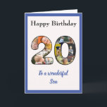 20誕生日・フォトコラージュソン記念ユニーク日 カード<br><div class="desc">祝息子さんの20歳の誕生日で、特別な誕生日カードと写真ユニークのコラージュ。この特別な息子さんのための素晴らしい誕生日挨拶状には、家族の写真を選んで20枚入れています。このテンプレートは、「素晴らしい息子へ」を兄や友人や他の誰かが好き最高のに編集できるように設計されています。文字は、カード内の両方のページでも編集できます。写真は2枚の上離れ手から右下に追加されます。ゼロは上から下に塗りつぶされます。カード上の文字には、素晴らしい青いスクリプトスタイルタイポグラフィが含まれる。写真は、主要な画像がほぼ中央に配置された正方形の姿です。このカードは、幅広いサイズでご利用いただけます。詳しくは弊社の店をご覧く素晴らしださい。</div>