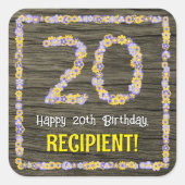 20誕生日:フローラ番号、フェイク木目、名前 スクエアシール (正面)