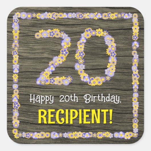 20誕生日:フローラ番号、フェイク木目、名前 スクエアシール (正面)