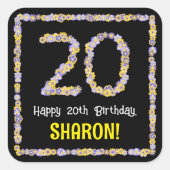 20誕生日:フローラ花数名前をカスタムする スクエアシール (正面)