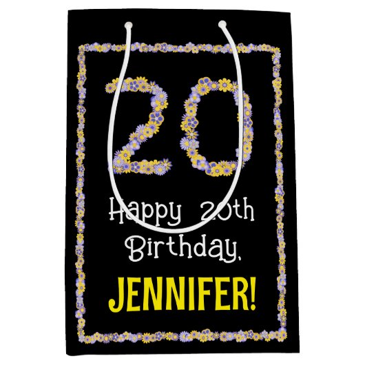 20誕生日:フローラ花数名前をカスタムする ミディアムペーパーバッグ (正面)