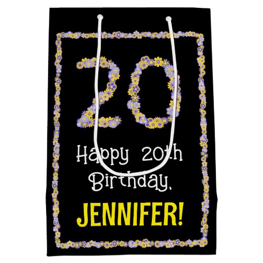 20誕生日:フローラ花数名前をカスタムする ミディアムペーパーバッグ (裏面)