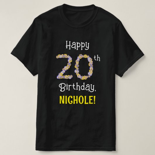 20誕生日:フローラ花数"20" +名前 Tシャツ (デザイン正面)