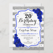 20誕生日 – ブルー王室のシルバーホワイトストライプ 招待状 (正面)