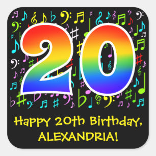 20誕生日:ミュージカラフルックシンボル、レインボー20 スクエアシール