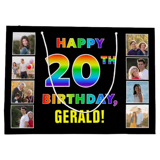 20誕生日:レインボー文字カスタム、写真&名前 ラージペーパーバッグ (裏面)