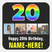 20誕生日:レインボー「20」、写真カスタムと名前 スクエアシール (正面)