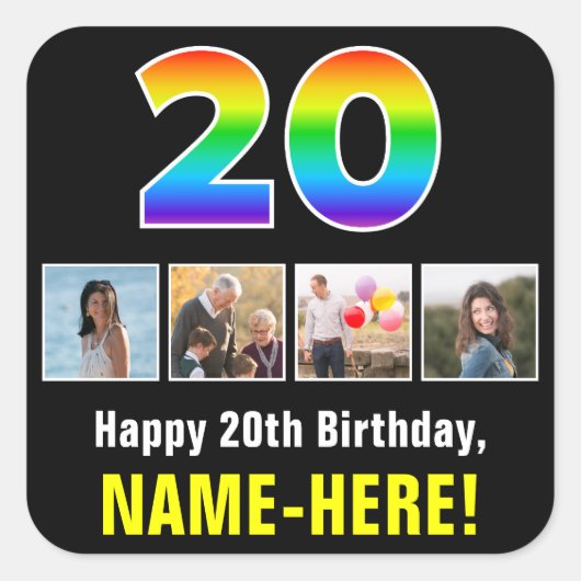 20誕生日：レインボー「20」、写真カスタムと名前 スクエアシール (正面)