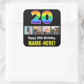 20誕生日：レインボー「20」、写真カスタムと名前 スクエアシール (バッグ)