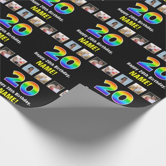 20誕生日:レインボー「20」、写真カスタムと名前 ラッピングペーパー (角)