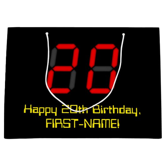 20誕生日:レッドデジタルクロックスタイル"20" +名前 ラージペーパーバッグ (正面)