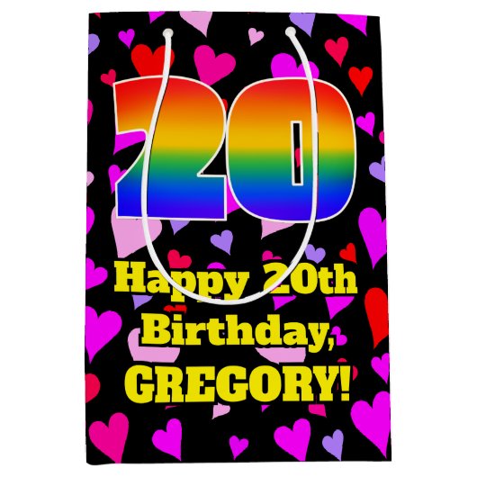 20誕生日:愛するハートパターン、虹# 20 ミディアムペーパーバッグ (正面)