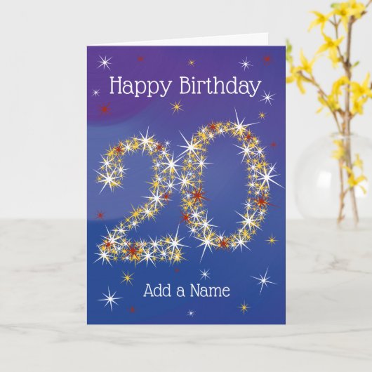 20誕生日 – 星の数20 – 青 – 年齢 カード (黄色い花)