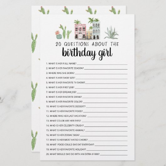20質問について誕生日女の子の編集可能ゲーム (正面/裏面)