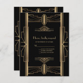 20魅力的の金ゴールドブラックアールデコ結婚 出欠カード (正面/裏面)