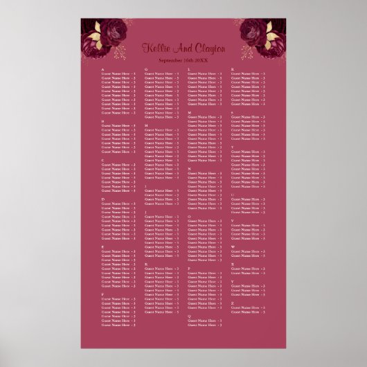 200ブルゴーニュと金ゴールドフローラ結婚の座席表 ポスター (正面)