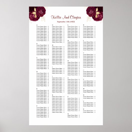 200ブルゴーニュと金ゴールドフローラ結婚の座席表 ポスター (正面)