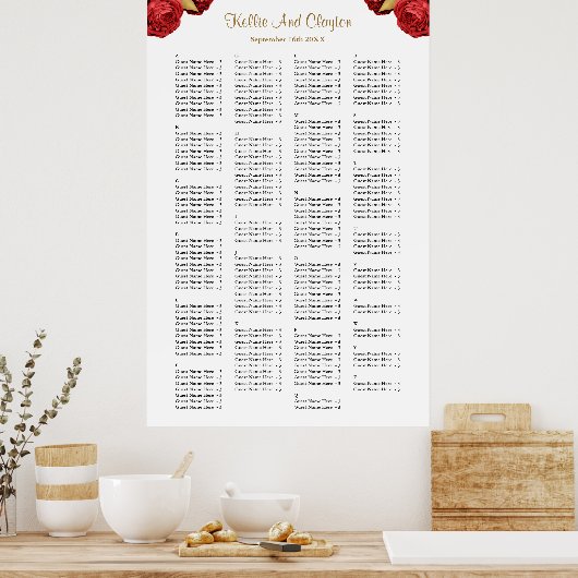 200赤と金ゴールドのフローラ結婚の座席表 ポスター (キッチン)