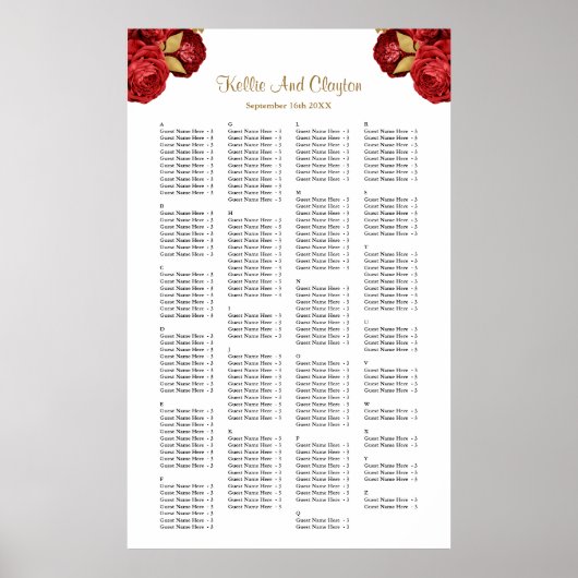 200赤と金ゴールドのフローラ結婚の座席表 ポスター (正面)
