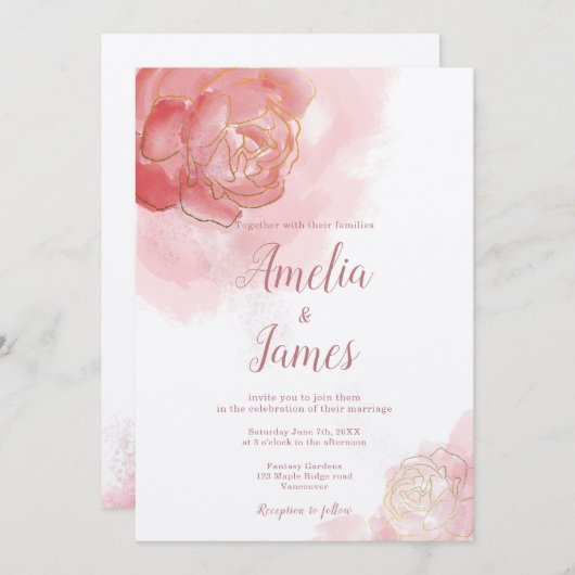 2000年芸術的ピンクの水色フローラ 招待状 (正面/裏面)