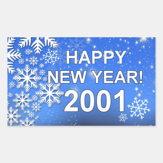 2001年の雪片ハッピー新年 長方形シール (正面)