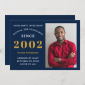 2002年21日誕生日の名前フォトブルー金ゴールド 招待状 (正面/裏面)