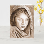 2004ペンシルスケッチアフガンレフュージガールセピア カード (黄色い花)