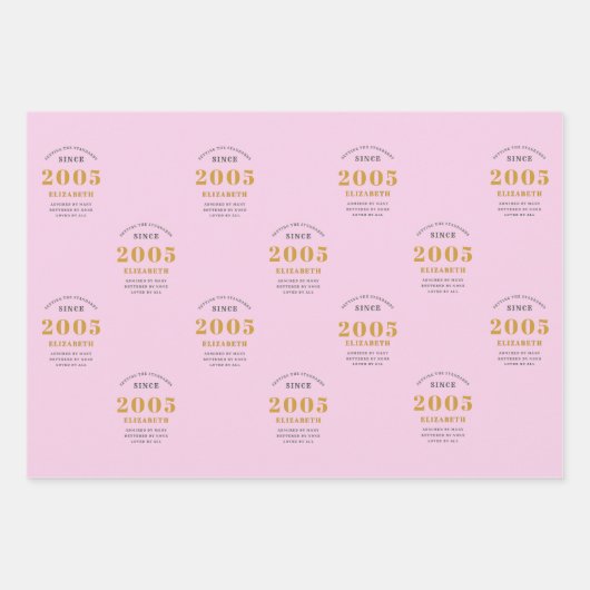 2005誕生日名を追加Pink Gray ラッピングペーパーシート (正面)