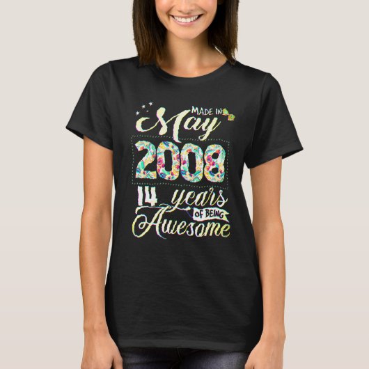 2008年5月生まれの女性のための14歳の誕生日の花 Tシャツ (正面)