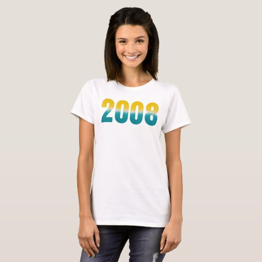 2008生まれ誕生日パーティーレトロブルーイエロー絞り染め Tシャツ (正面フル)