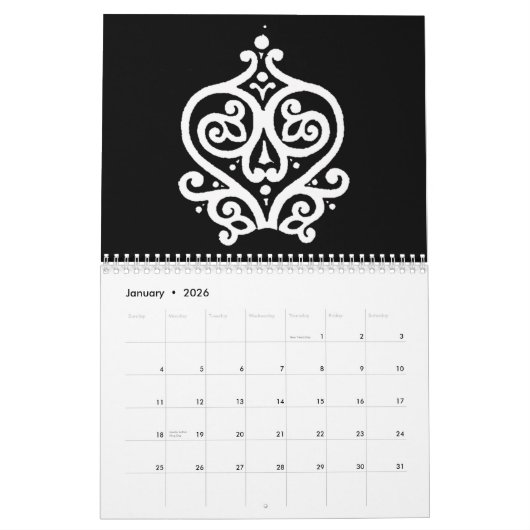 2009年黒い及び白 カレンダー (1月 2026)
