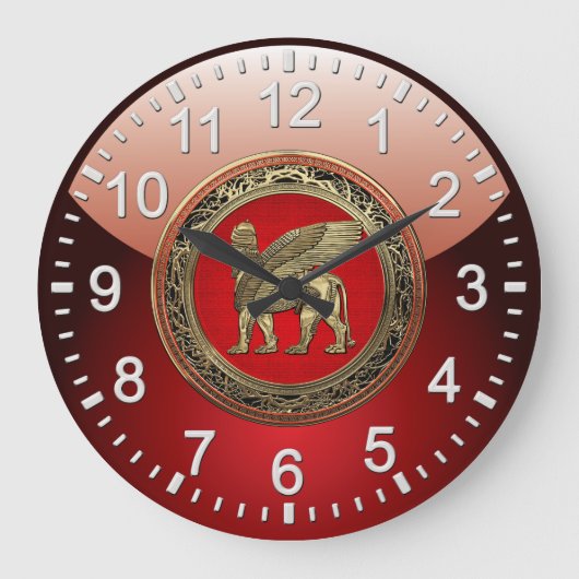 [200]アッシリアによって飛ぶライオン-金ゴールドLamassu ラージ壁時計 (正面)