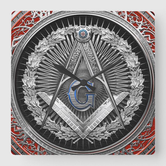 [200]マスターメイソン – シルバースクエア&コンパスズ スクエア壁時計 (正面)