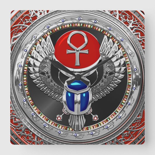 [200]神聖な銀色のエジプトウィングスカラブ&アンクフ スクエア壁時計 (正面)