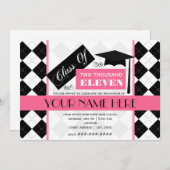 2011黒いアーガイル及びピンクの卒業のクラス 招待状 (正面/裏面)